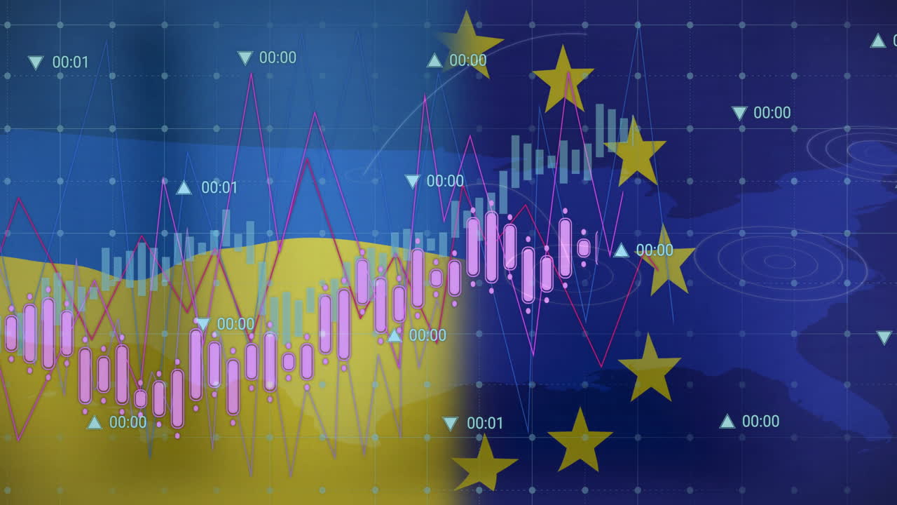 우크라이나와 유럽 연합 발 위의 금융 데이터 분석 애니메이션