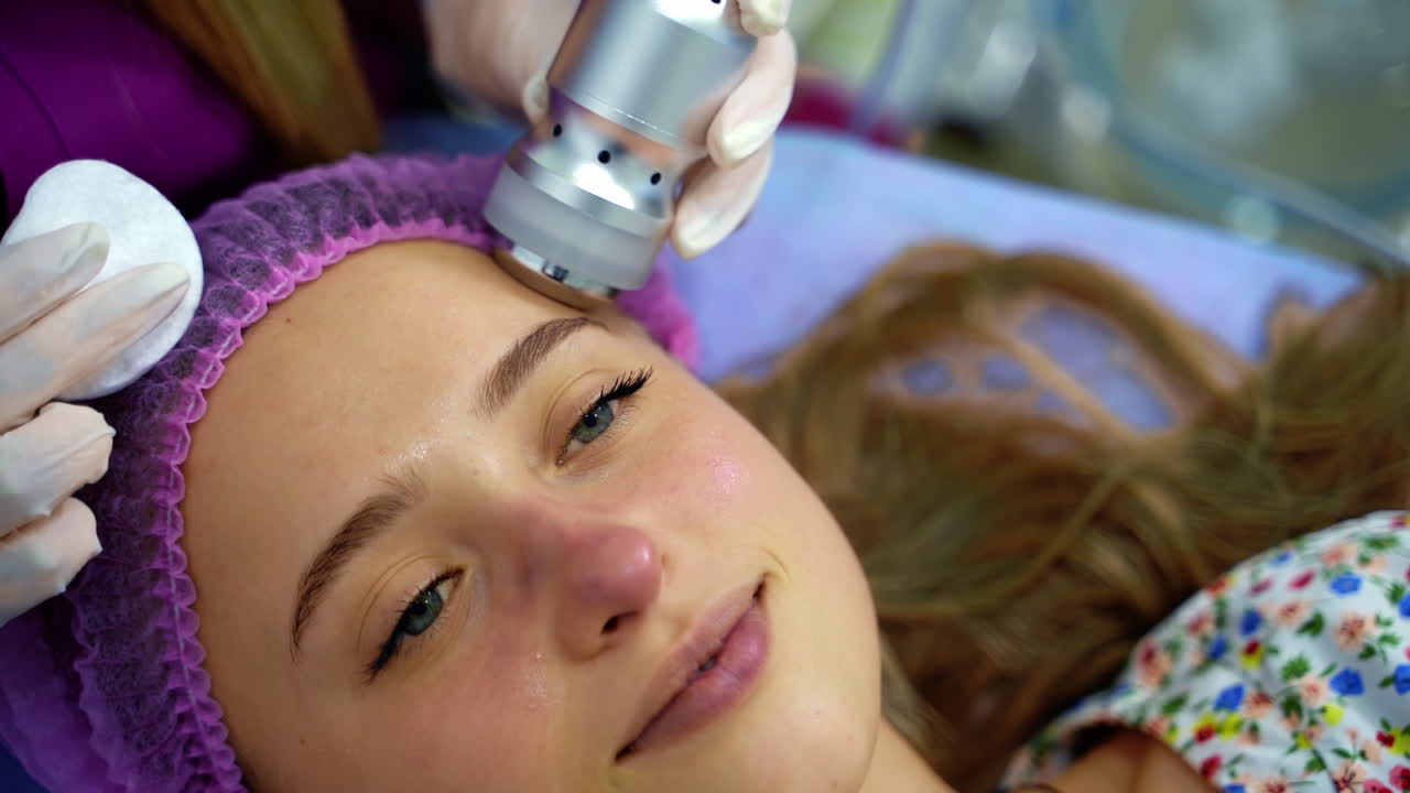 The device for ultrasonic facial cleansing. Face cleaning at home. Ultrasonic face peeling. Video from the top.