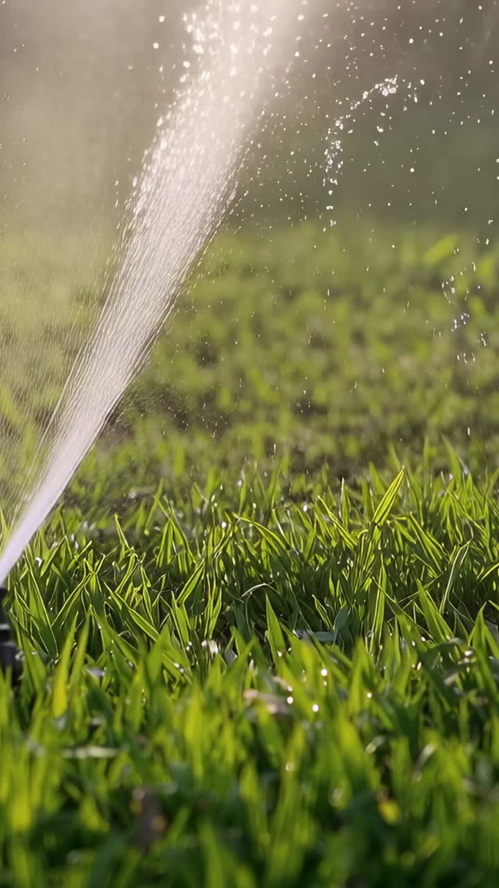 Video verticale: Irrigatore che si accende, un ugello di plastica nero spruzza acqua sull'erba, irrigando il prato.