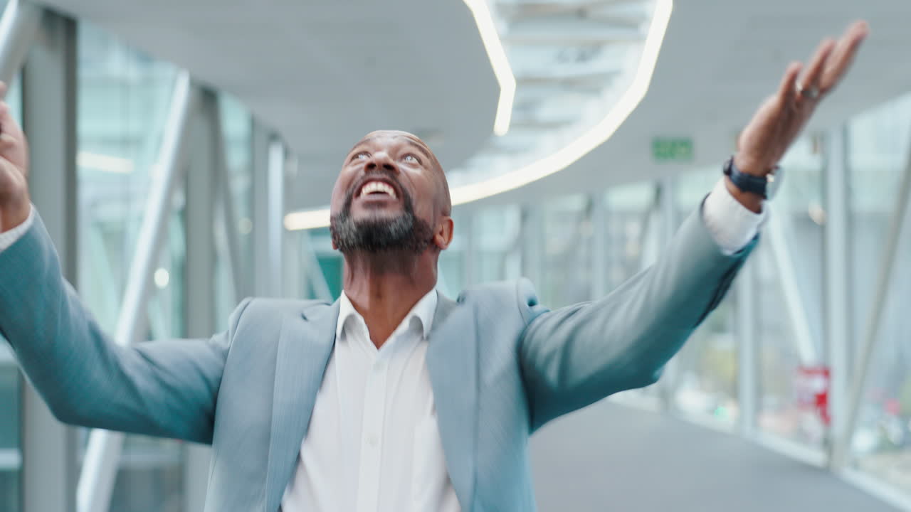 Success, winner and business with black man