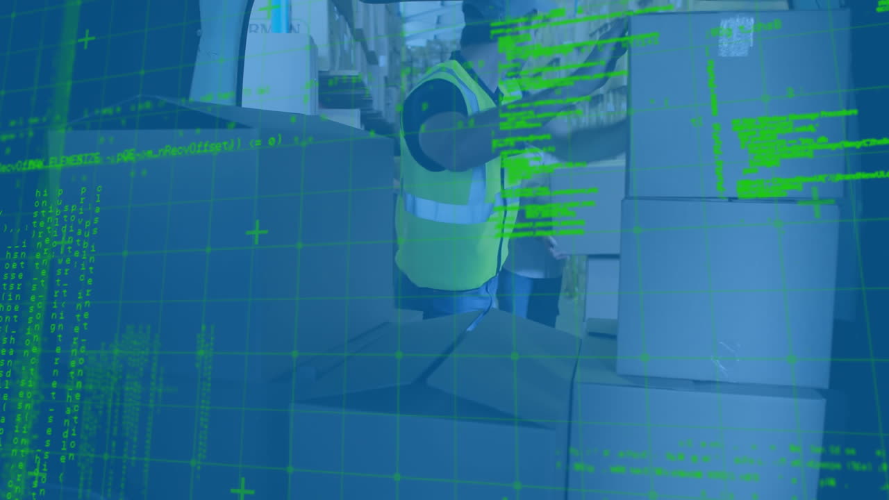 elaborazione dei dati sulla rete di rete contro il corriere caucasico che impila scatole di consegna nel suo furgone