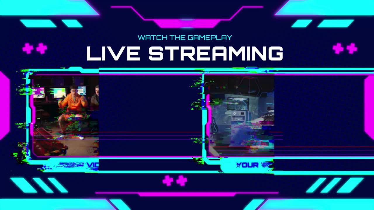 Modelo de Promoção Dinâmica de Jogos Esports com Gráficos Neon e Efeitos Glitch
