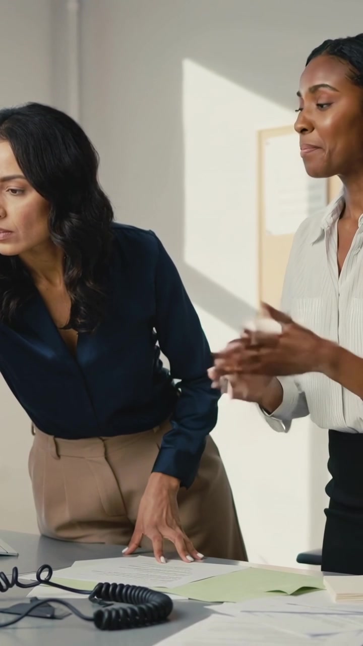 Vídeo vertical: Visualizando arquivo, mulher à direita de blusa explicando enquanto colega lê papéis no escritório