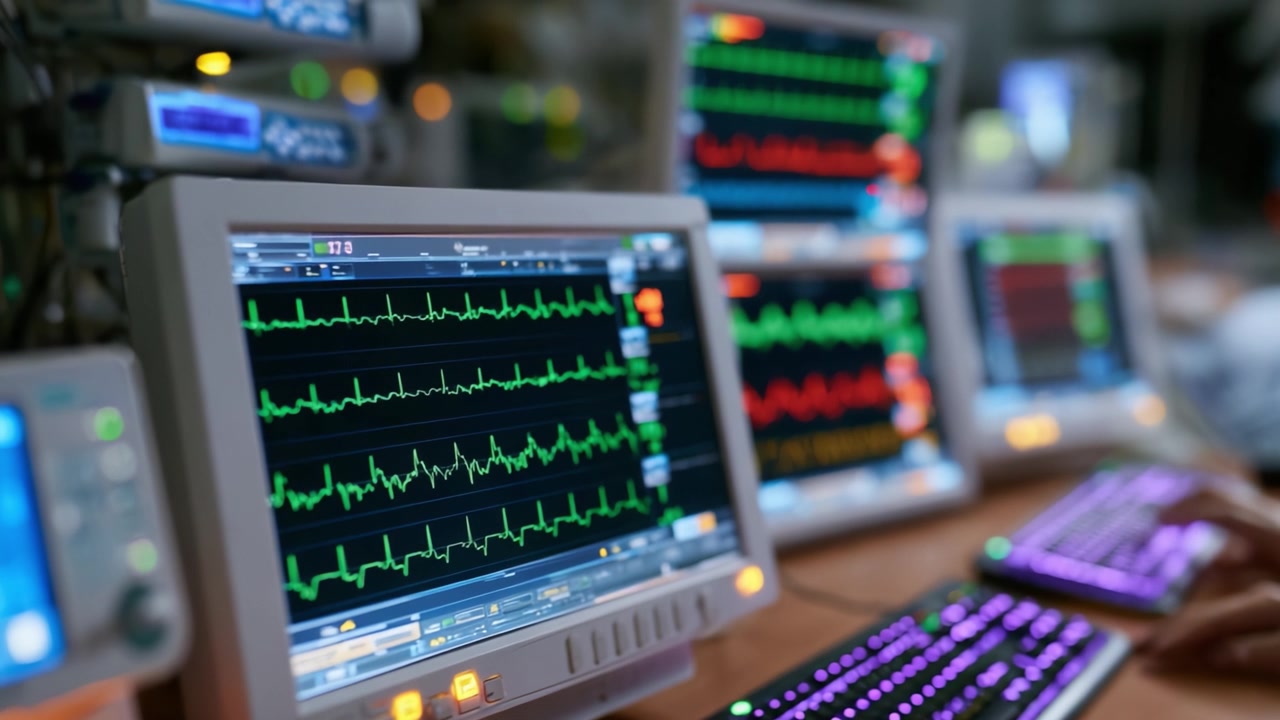 Monitoraggio dei Segni Vitali: Una Doppia Prospettiva sulla Tecnologia di Visualizzazione della Salute Digitale in un Contesto Clinico, Evidenziando le Letture ECG e l'Interattività dell'Utente