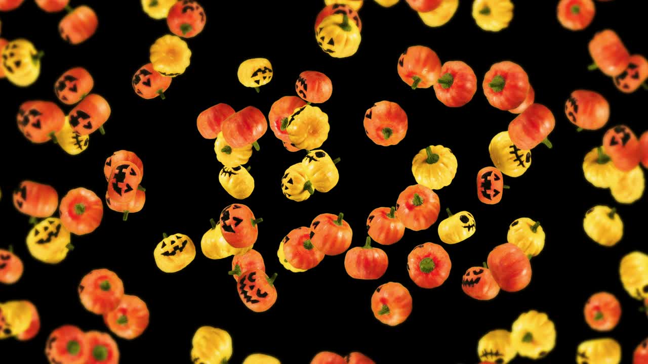 Flying many orange and yellow pumpkins on black background. Cartoon faces with smile. 3D animation for the holiday Halloween. Loop animation.