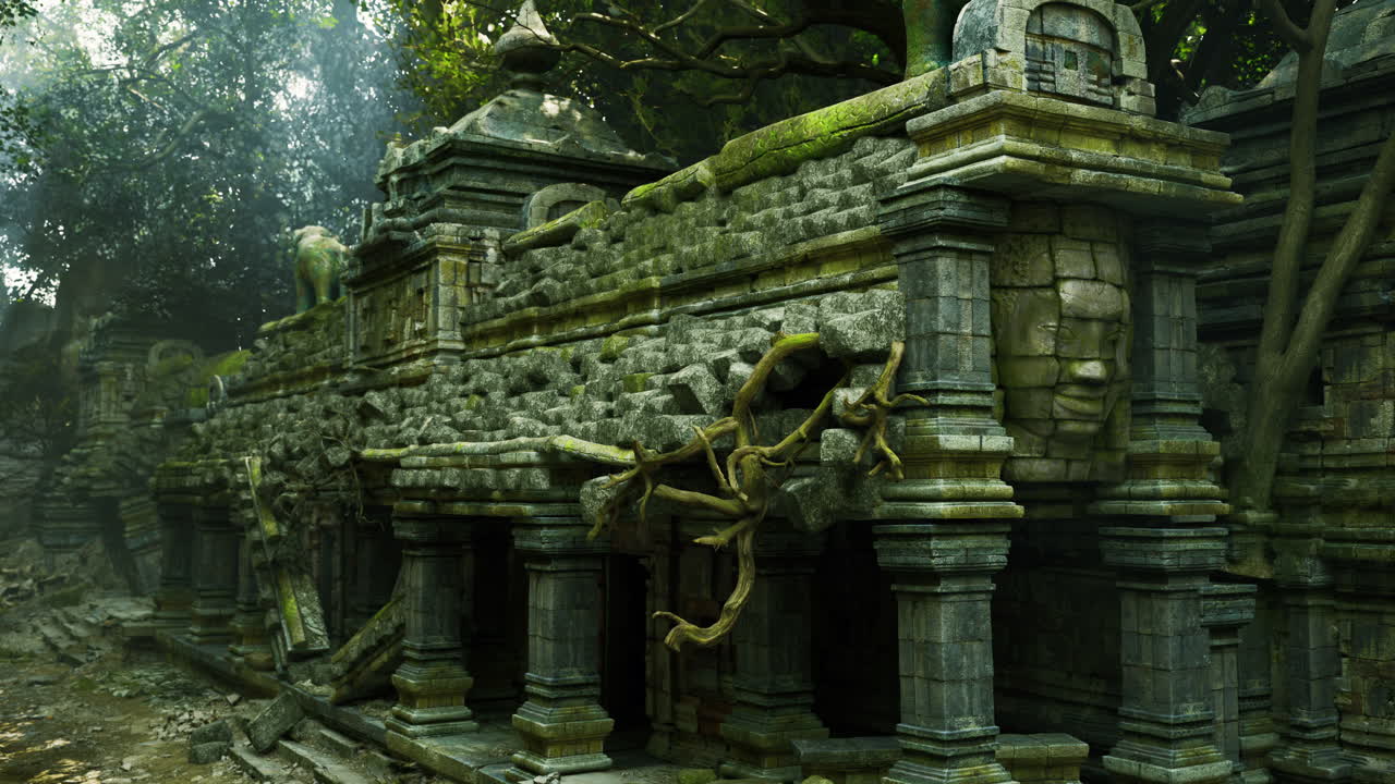 Rovine di un antico tempio in Cambogia ricoperte di vegetazione lussureggiante e rampicanti