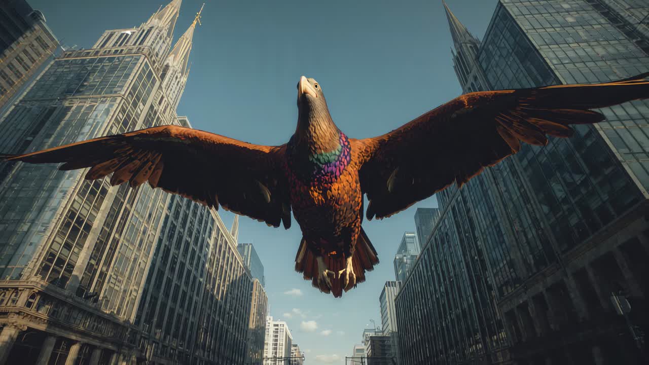 Corrente ascensionale urbana che solleva un grande uccello che plana verso la camera lungo il viale della città, mostrando la gola iridescente