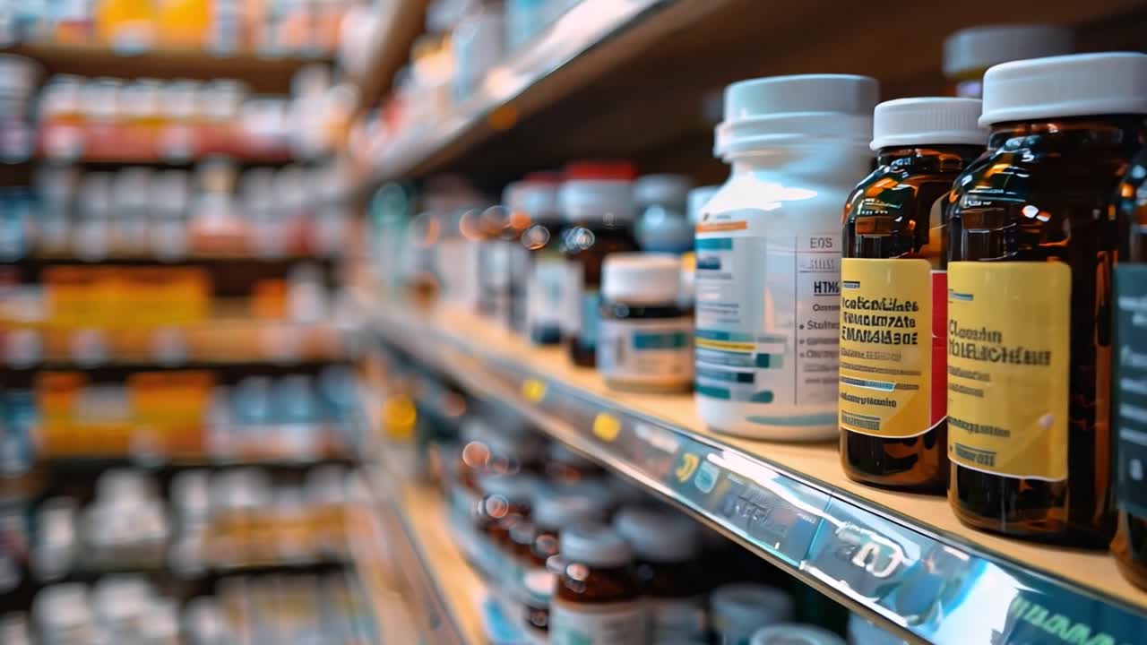Pharmacy shelves with various medications and supplements
