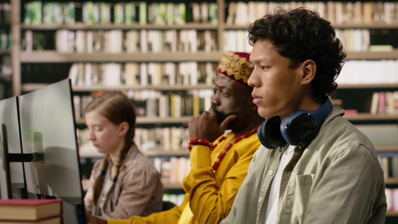Young adult with headphones around his neck taking notes on computer desktop