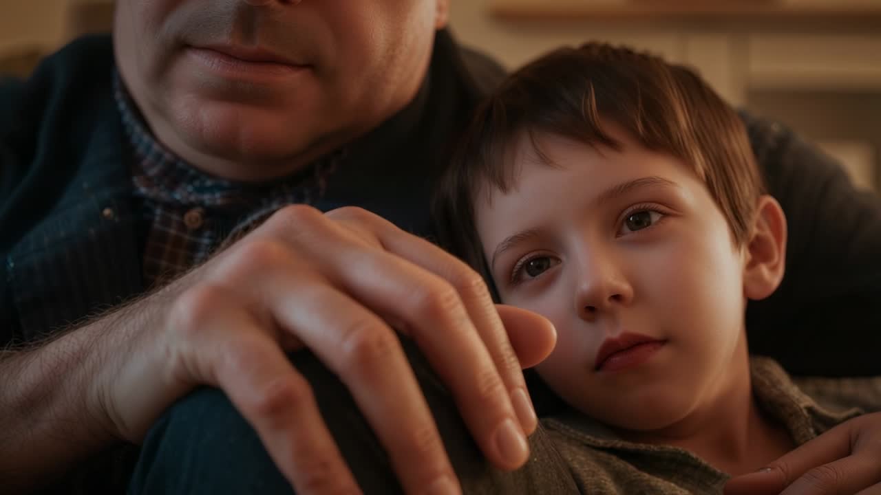 Bambino che si riposa sulla coscia per conforto, adulto che parla, mano appoggiata sul ginocchio sul divano del soggiorno, maglione