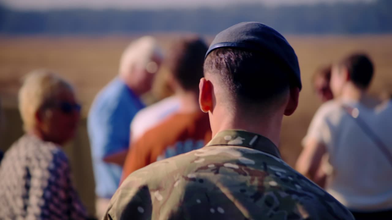 A military soldier with his back turned adjusts his beret while observing an airborne drop event. The atmosphere reflects focus and anticipation. Location: Ede, Gelderland, Nederland