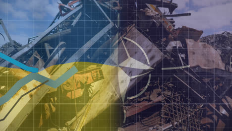 animation of flags of ukraine and nato over data processing and rubbish dump