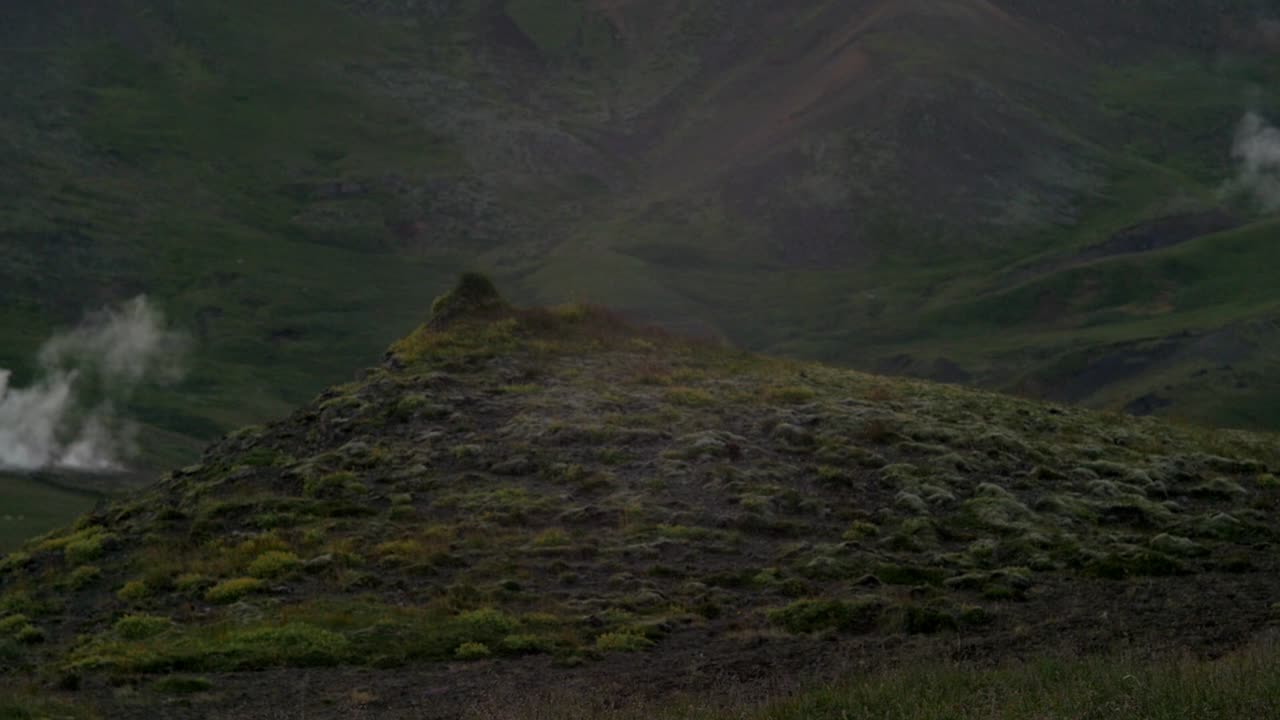 paisaje dramático de islandia, ovejas y corderos, humo de vapor geotérmico que se eleva desde un manantial caliente en el fondo, movimiento de cámara, cámara panorámica de izquierda a derecha, teleobjetivo