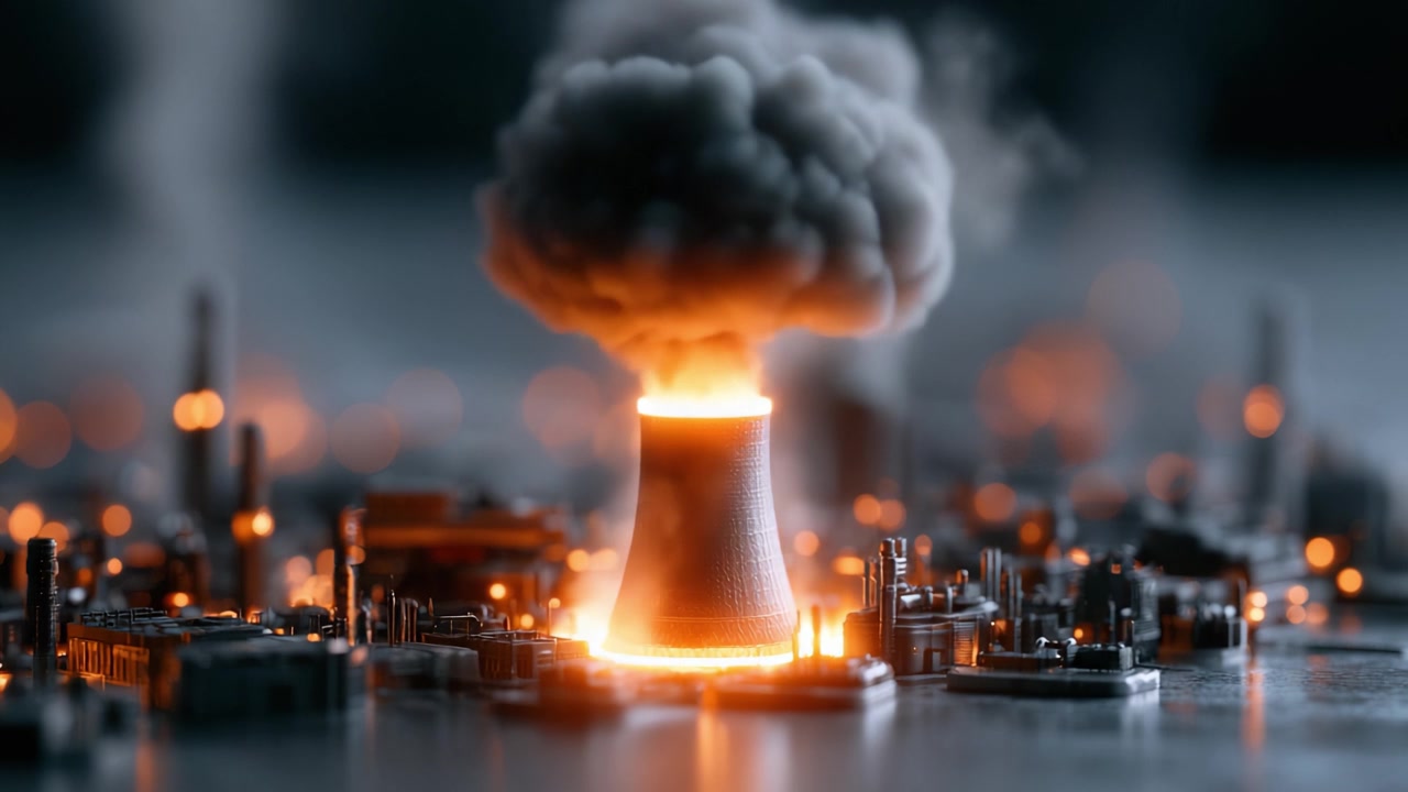 A dramatic portrayal of an industrial landscape, featuring a towering smokestack emanating thick clouds and vibrant flames, showcasing a catastrophic event in a miniature world.