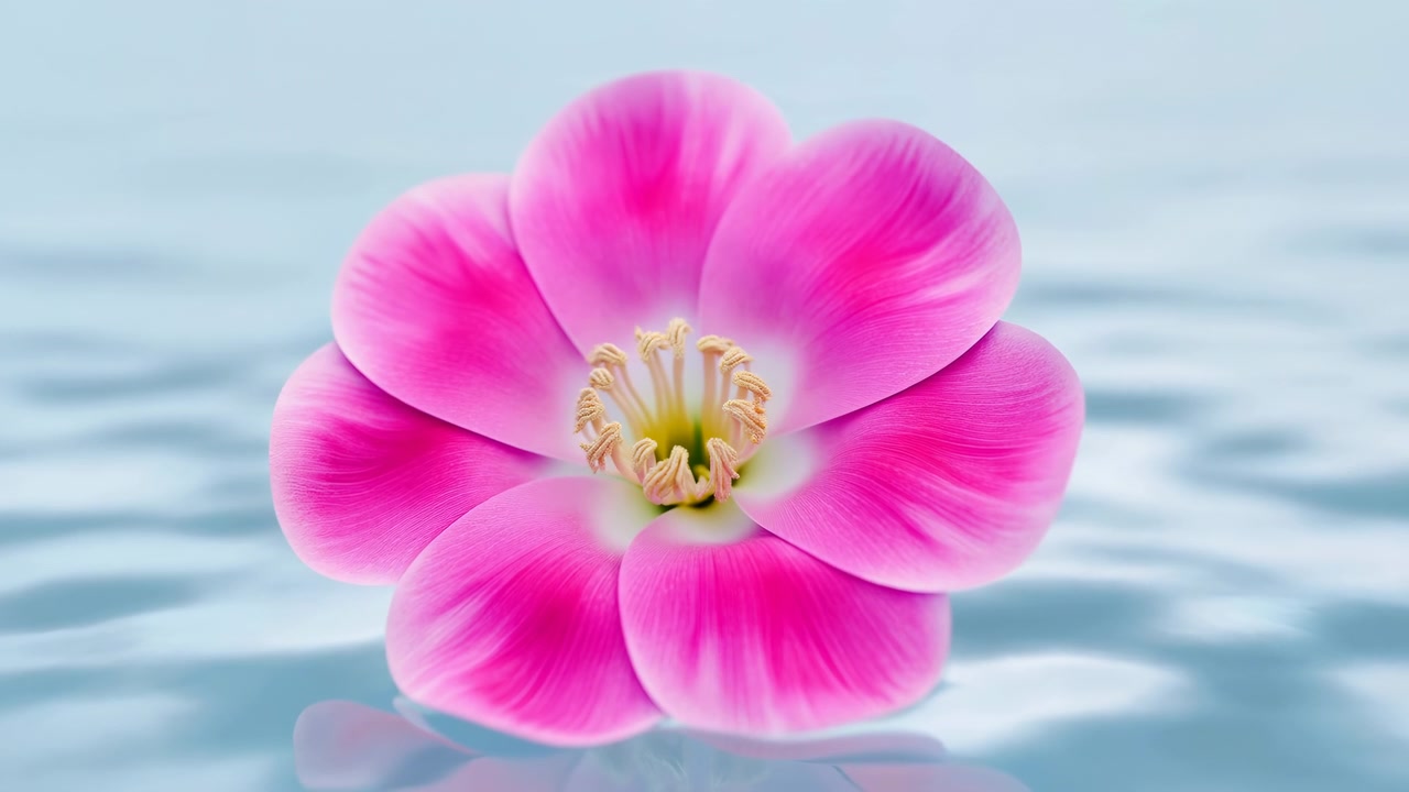 Flytande rosa blomma på lugnt vatten, milda krusningar och mjuk spegling, kalla blå toner, slow motion-spa