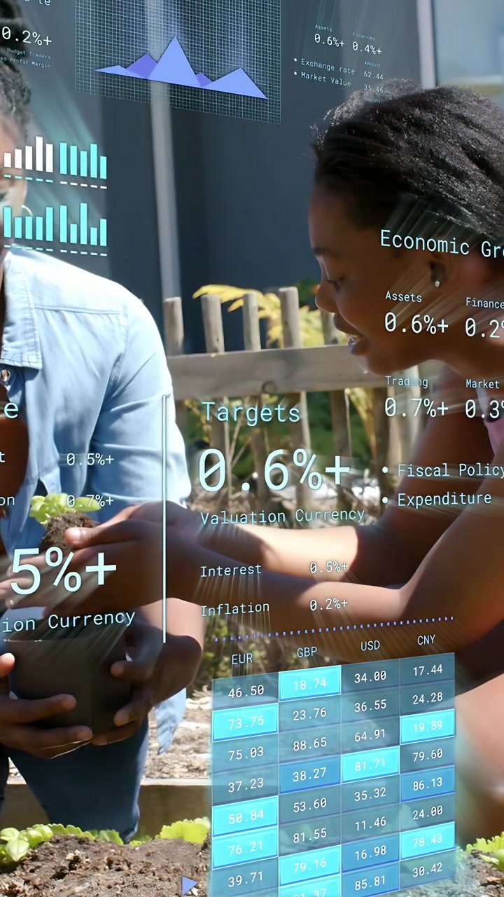 Vertical video: Gardener handing seedling, youth planting into raised bed with AR chart updating
