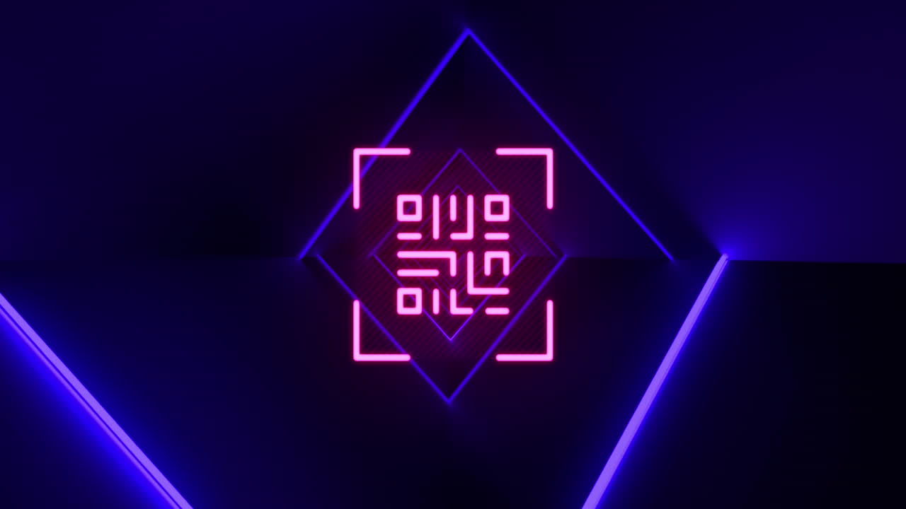 Animation of qr code in viewfinder over rhombuses tunnel against blue background