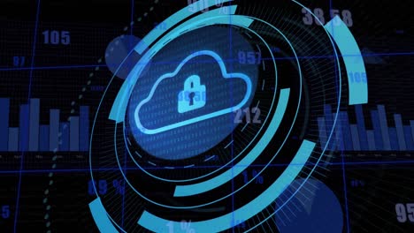 animazione del lucchetto di sicurezza e dell'icona della nuvola su scanner rotondo contro l'elaborazione di dati statistici