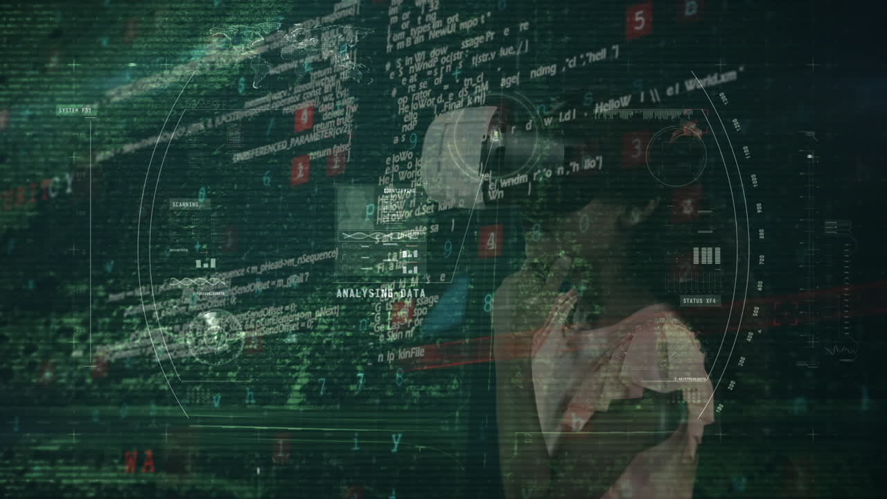 animación del procesamiento de datos financieros sobre una niña que lleva auriculares vr