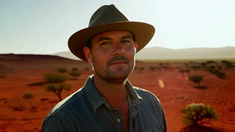 a man wearing a hat stands in a desert landscape.