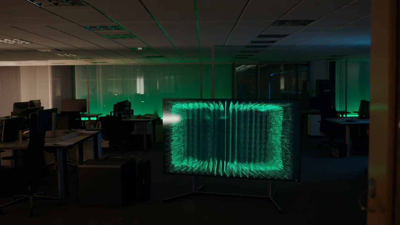 Futuristic Office with Green Data Visualization on Screen