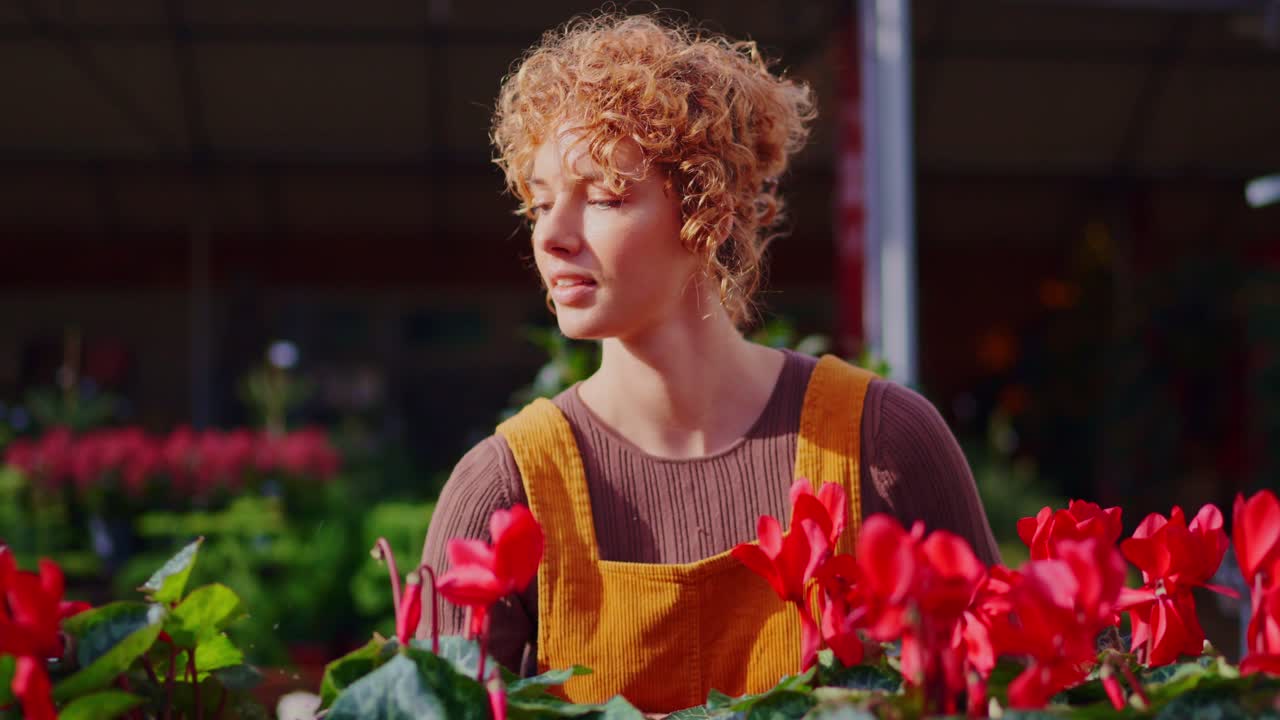 Kvinde, der passer røde cyclamen-blomster i et drivhus