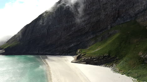 aerial footage of the beach on the island of vaeroy - a part of lofoten islands in norway