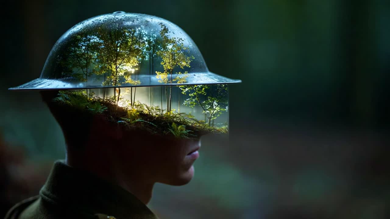 Exploring the Surreal Intersection of Nature and Humanity: A Visual Journey Through a Soldier's Helmet Transformed into a Lush Forest Landscape
