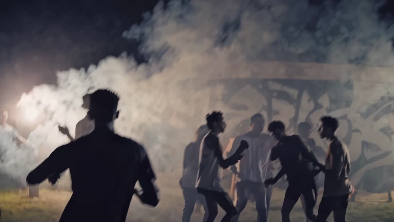 Young people dancing and partying at vibrant nighttime outdoor venue, energetic crowd moving through atmospheric smoke filled space with dynamic lighting and music