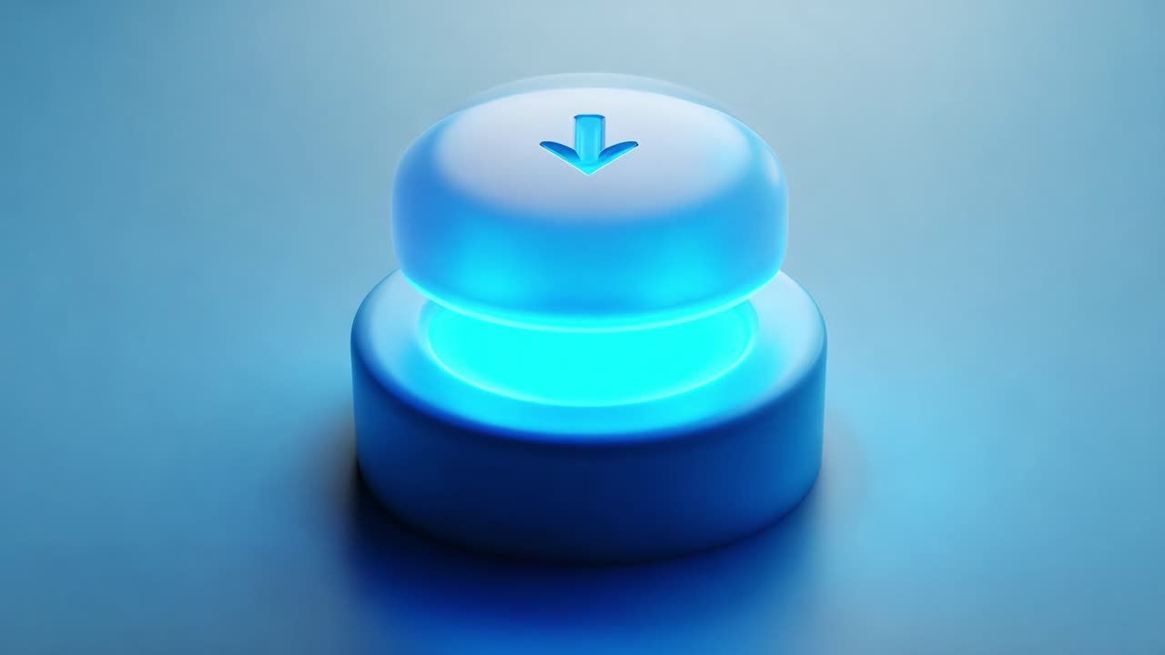 Captivating Close-Up of a Glowing Button with a Downward Arrow Icon, Illuminated in a Soft Blue Hue, Highlighting Modern Design Aesthetics and User Interaction Elements