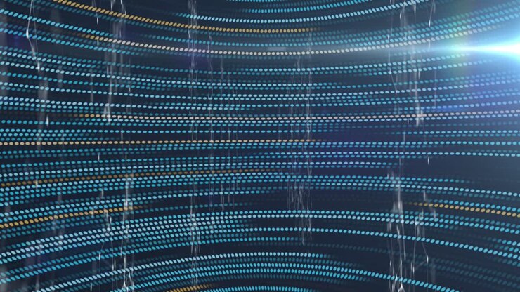 Animation of data processing over navy background with yellow and green lights
