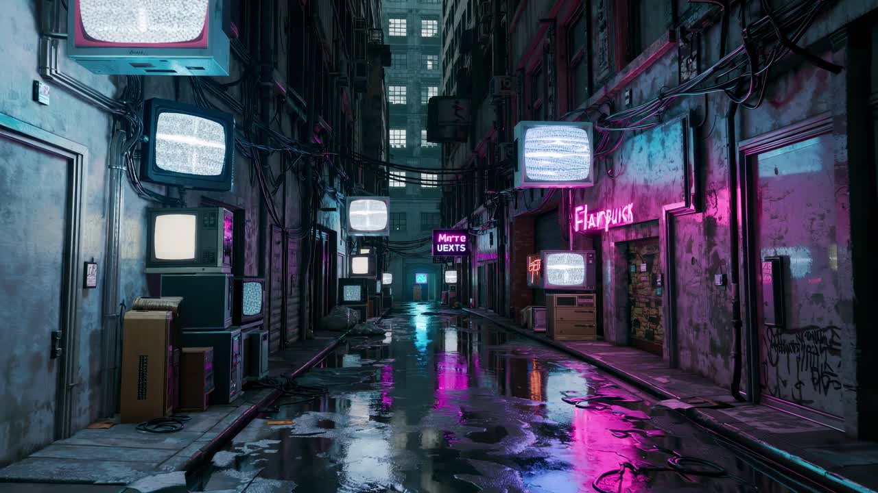 Cyberpunk alley with neon lights and vintage TVs, captured from a low-angle, creating a dystopian