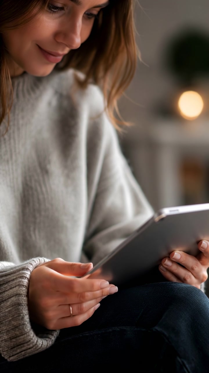 Caucasian Woman Using Tablet In Cozy Living Room, Warm Bokeh Lights, Oversized Knit Sweater, Focused Hands