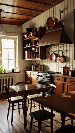 cozy sunlit kitchen with wooden furniture and houseplants