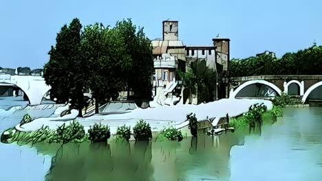 Present-and-past-of-Tiber-Island-Rome-in-Italy,-cartoon-animation