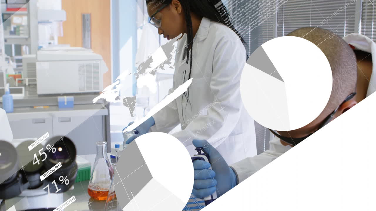 animación del procesamiento de datos financieros sobre diversos científicos que trabajan en el laboratorio