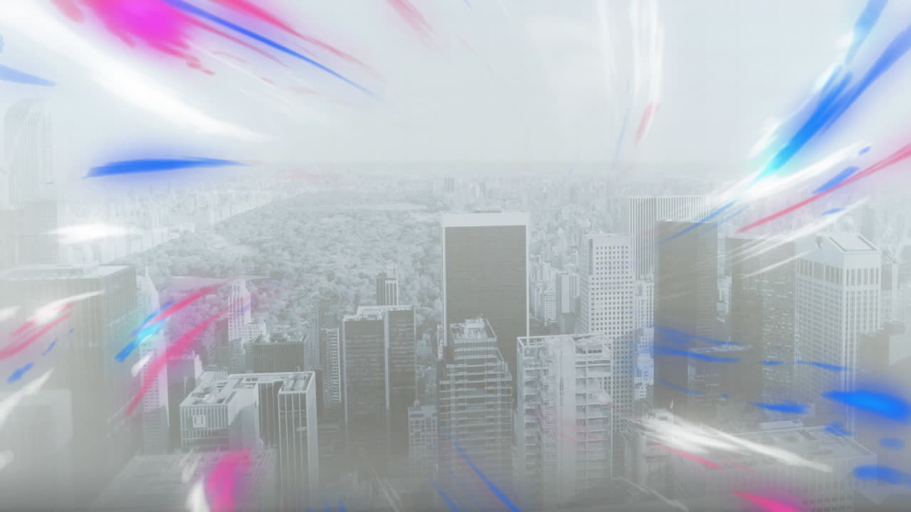 도시의 전망 위에 반이는 불빛의 애니메이션.