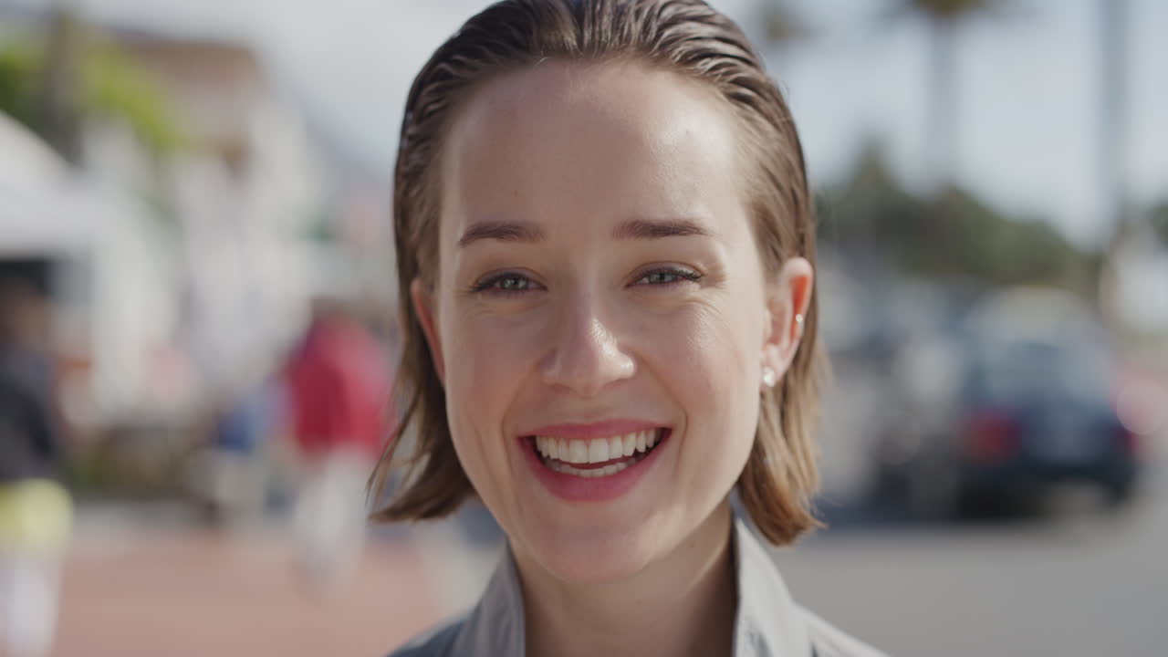 매력적인 젊은 여성의 초상화 미소 행복한 카메라를보고 활기찬 해변 배경에서 아름다운  ⁇ 은 휴가 여름을 즐기고