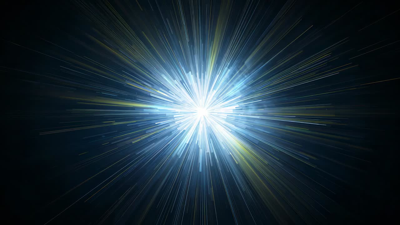 Expanding after energy pulse, bright core emitting radial rays in space, with yellow-green accents