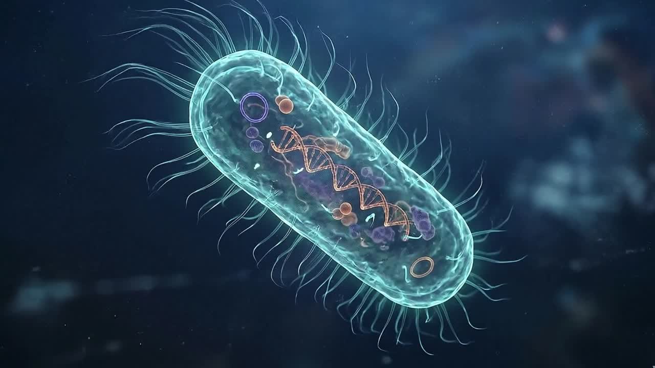 Cellula batterica microscopica che mostra un filamento di DNA interno e strutture molecolari fluttuanti in un ambiente scientifico dettagliato