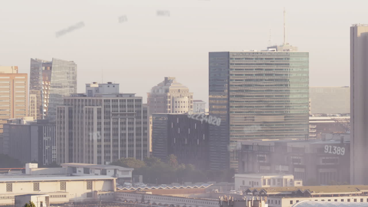 도시 풍경 위의 숫자 애니메이션과 데이터 처리