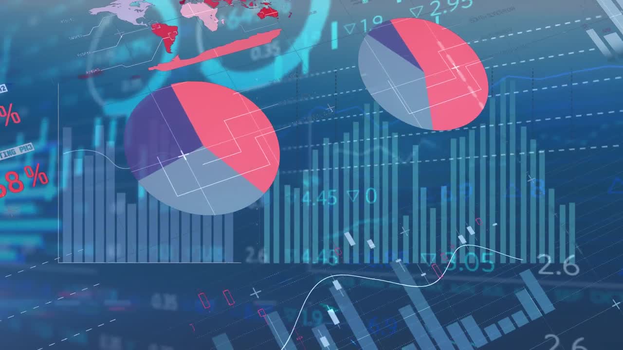 Animation of financial data processing over blue background