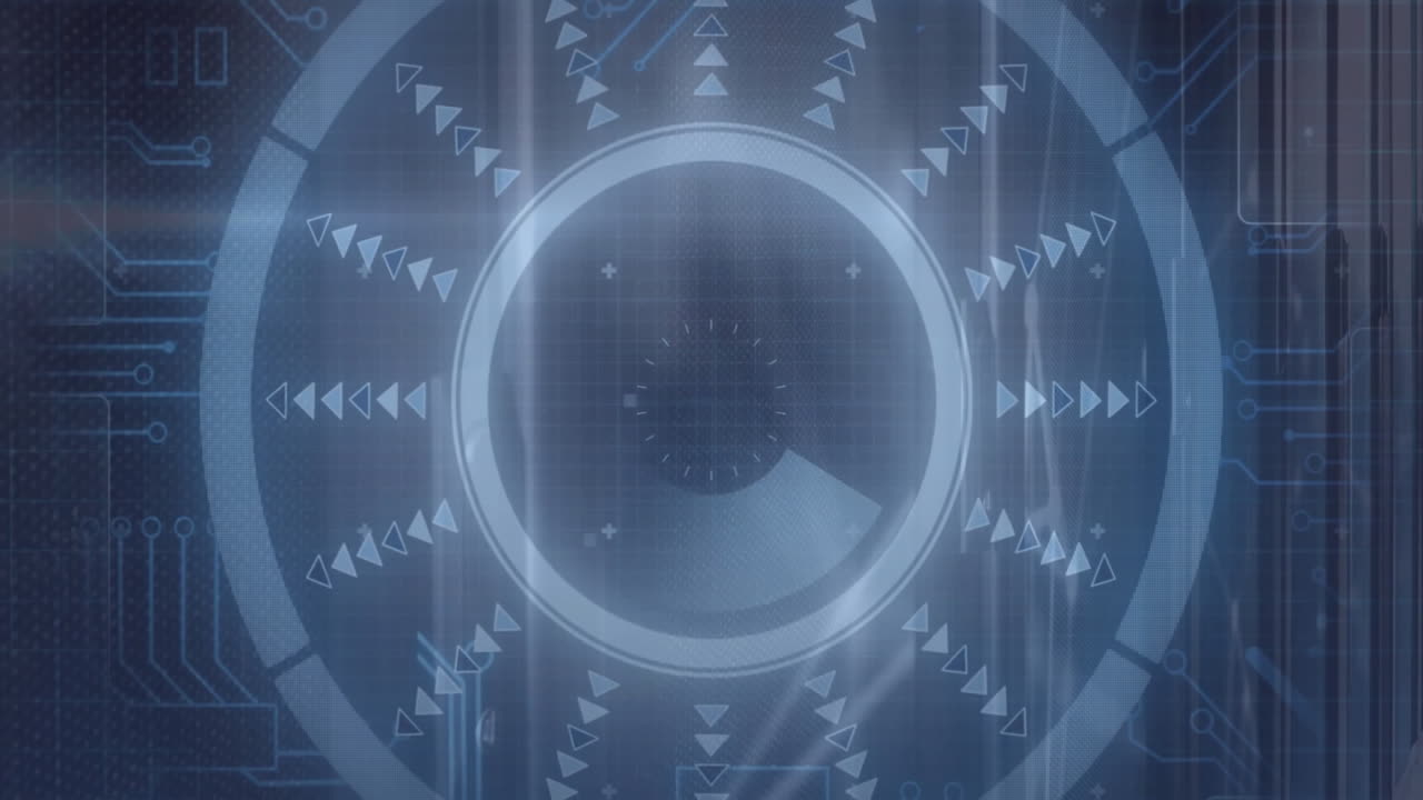 Rotating elements in futuristic circular interface, digital technology animation