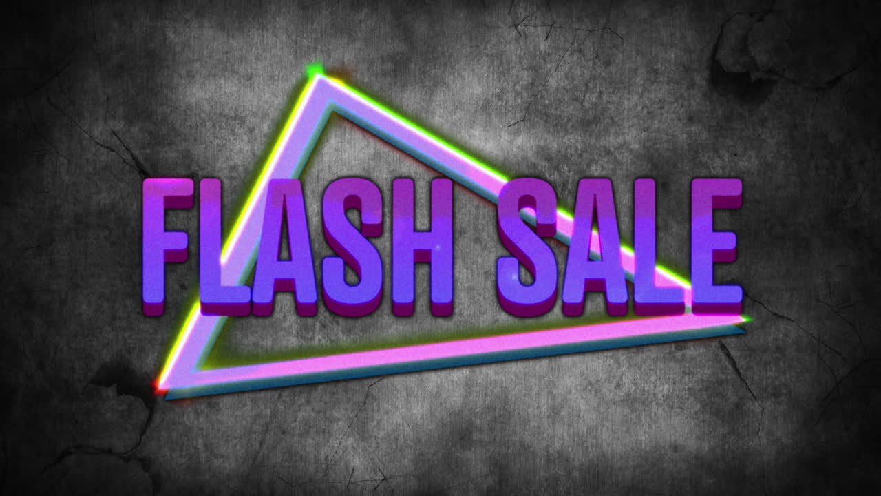 회색 배경에 네온 삼각형이 있는 보라색 텍스트의 레트로 플래시 판매 애니메이션