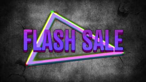 animación de venta flash retro texto púrpura con triángulos de neón en fondo gris angustiado