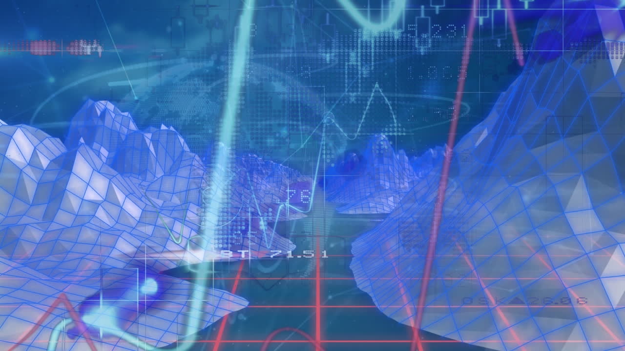 그래픽 인터페이스에 금융 데이터, 그래프, 지구, 3d 와이어 프레임 산의 애니메이션