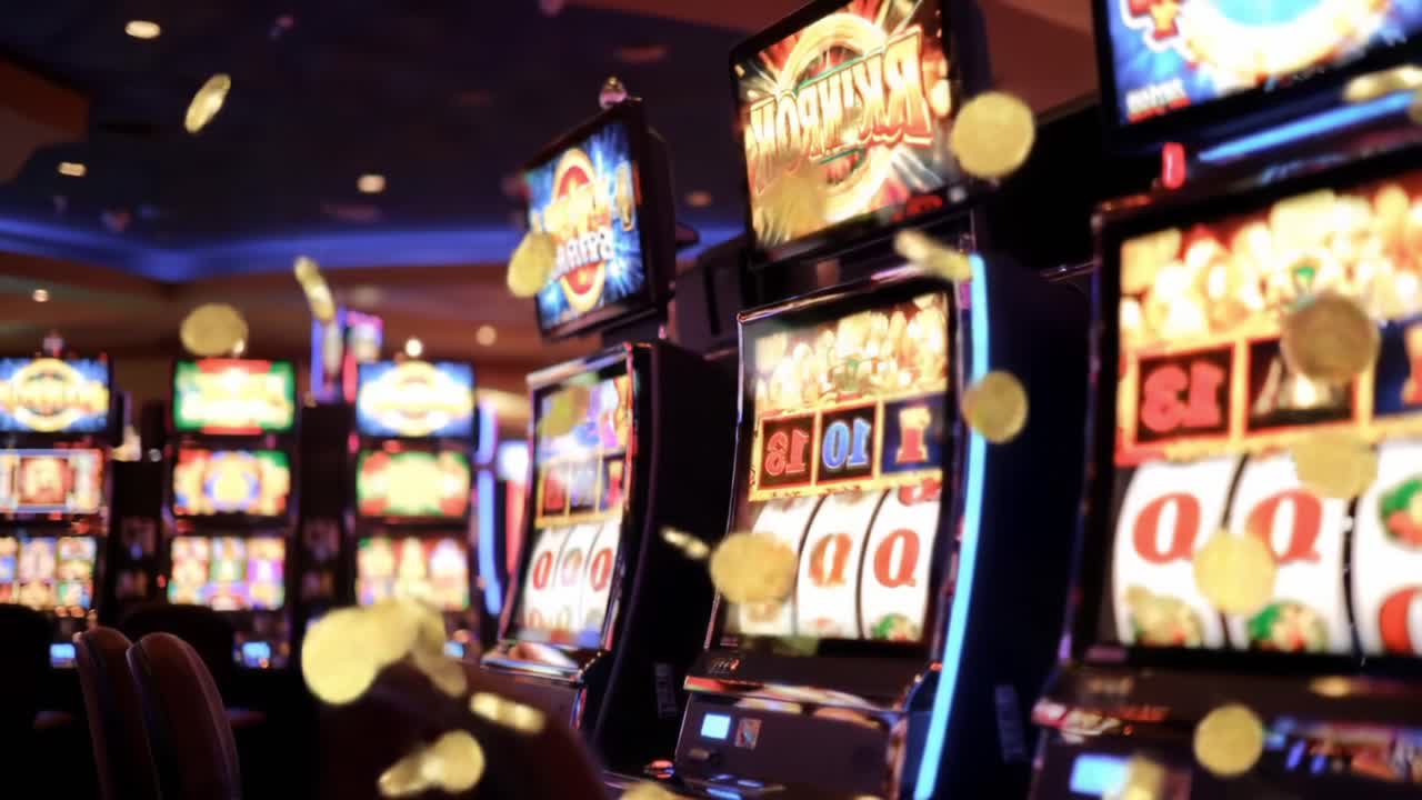 Vibrant Casino Scene Featuring Exciting Slot Machines and Flying Coins, Capturing the Thrill and Anticipation of Winning in an Energetic Gaming Environment