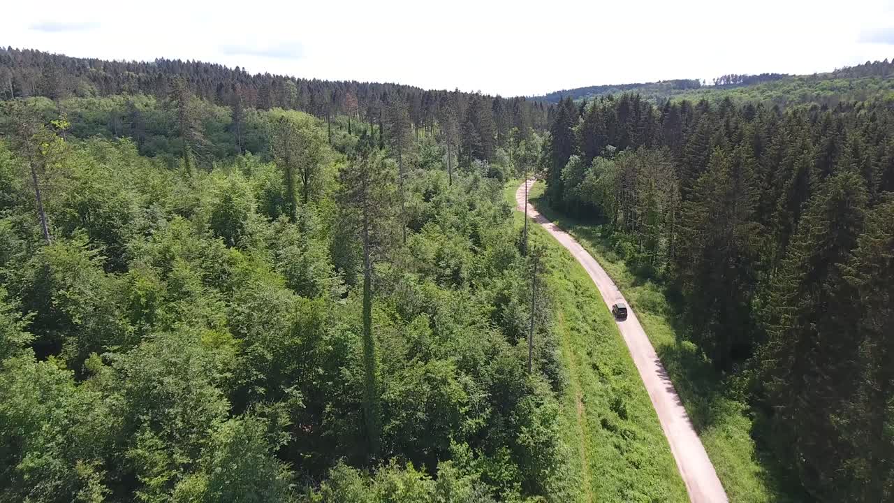 un coche conduciendo en un camino de tierra en el bosque. vista por drone, bosque de verdun