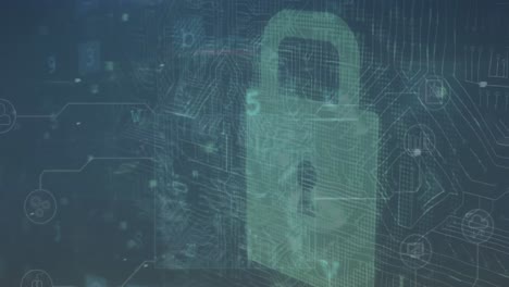 Animation of data processing and padlock on blue background