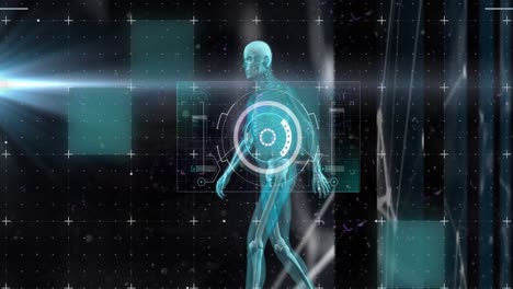 animación de escaneo de alcance, marcadores y procesamiento de datos sobre el cuerpo humano